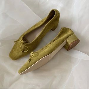 Pistachio Suede Block Mid Heel Flats
